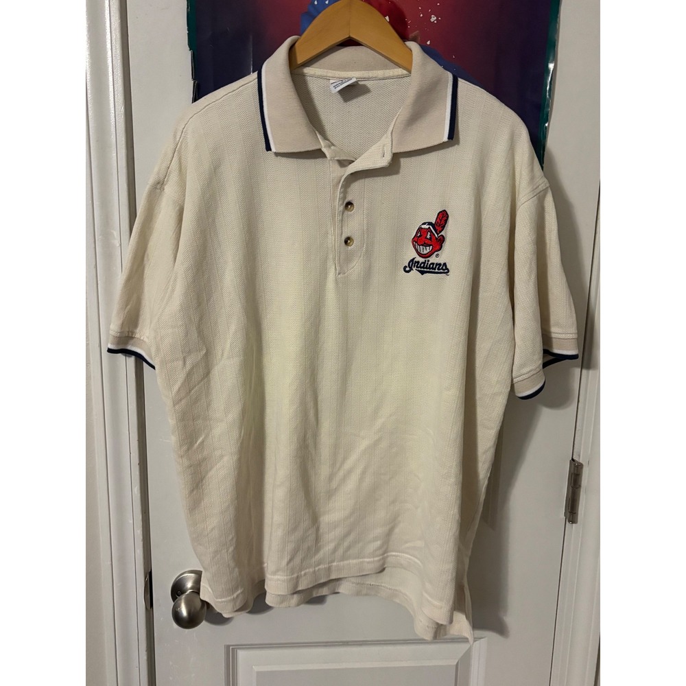 True Fan Cleveland Indians Chief Wahoo Polo Shirt Cream Mens Large Vintage MLB